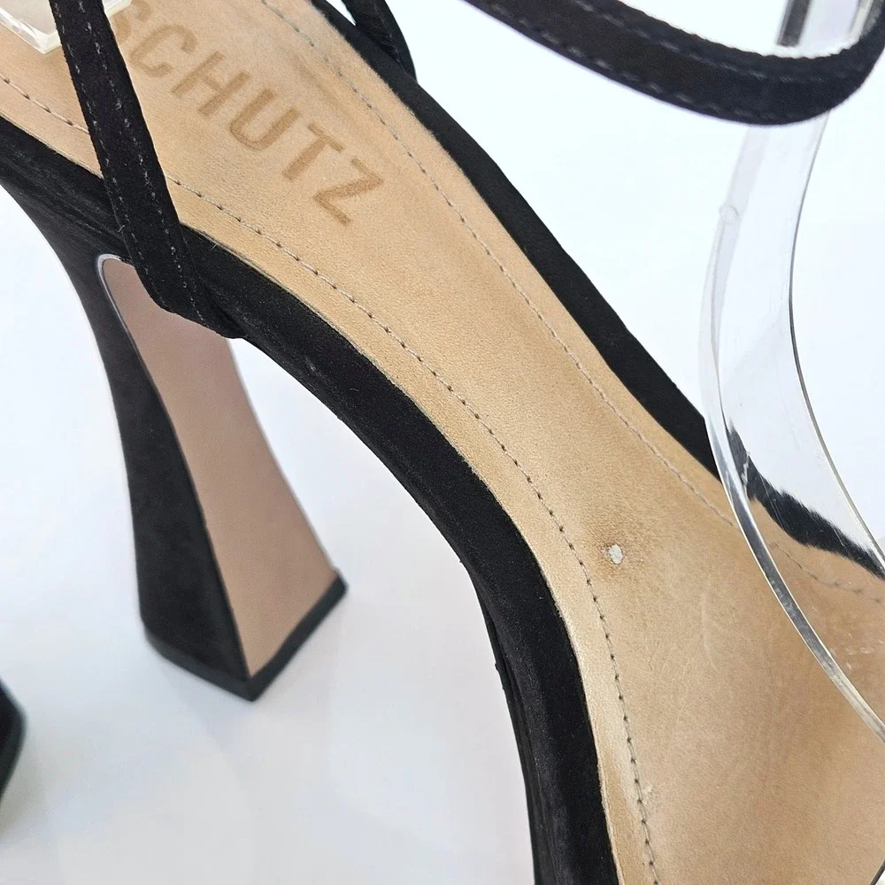 Schutz Peaky Black Suede Rhinestone Transparent Platform Sandal Heels Womens 7.5